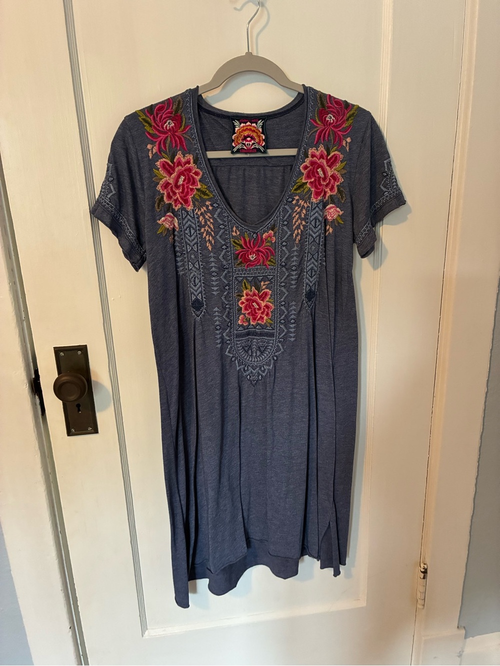 Johnny Was Indigo Midi Dress with Pink Floral Embroidery